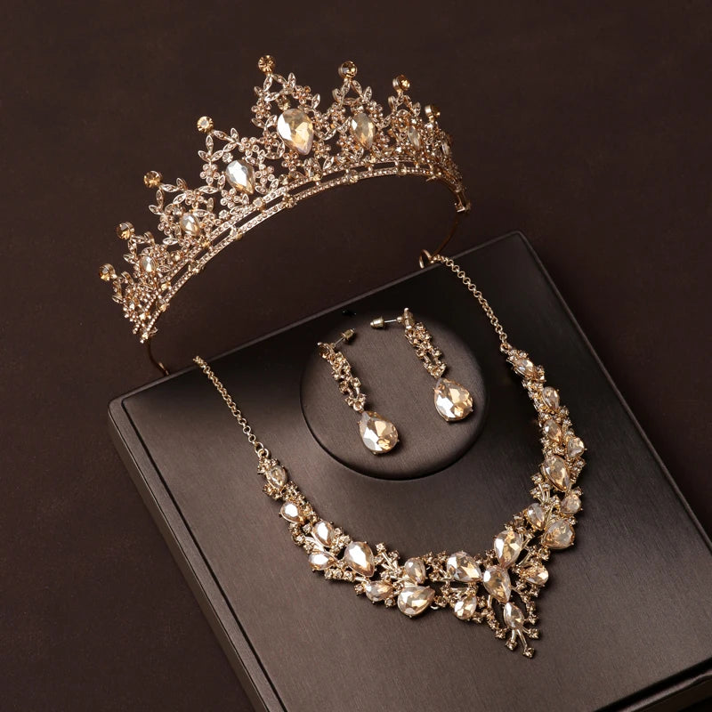 Luxury Silver Color Crystal Water Drop Bridal Jewelry Sets Rhinestone Tiaras Crown Necklace Earrings Wedding Dubai Jewelry Set