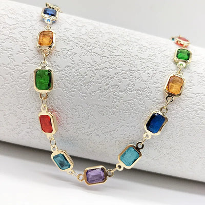 Bohemia Coloured Gemstones Square diamonds Stainless Steel Pendants Statement Necklace For Women Fashion Jewelry