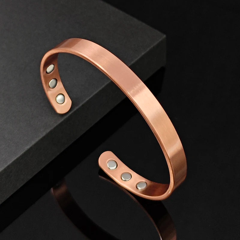 Set Pure Copper Bracelets and Rings Simplicity Cuff Magnetic Bangles for Women Men Arthritis Health Solid Copper Jewelry