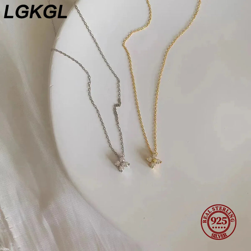 LGKGL S925 Sterling Silver Plated 18K Gold Set Zircon Necklace Female Sparkling Diamond Four Leaf Grass Versatile Collar Chain