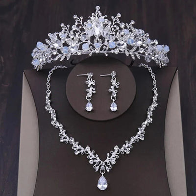 Luxury Silver Color Crystal Water Drop Bridal Jewelry Sets Rhinestone Tiaras Crown Necklace Earrings Wedding Dubai Jewelry Set