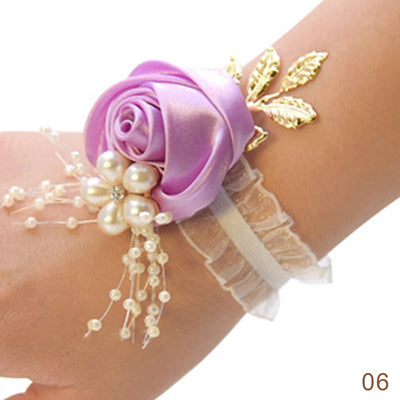 Bridesmaid Faux Rose Bracelet Wedding Wrist Corsage Polyester Ribbon Pearl Bow Bridal Gifts Hand Flowers Party Prom Accessories