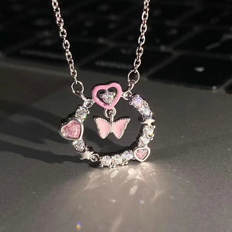 New Y2K Girls Pink Zircon Bow Knot Pendant Necklace Sweet Heart Design Simple Necklace Women Fashion Clavicle Chain Jewelry Gift