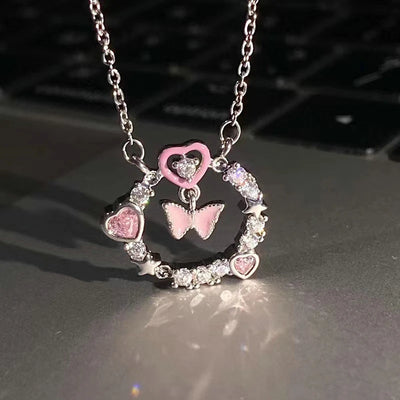 Fashion Pink Planet Heart Zircon Necklace Women Charm Aesthetic Clavicle Chain Necklace Valentines Day Gift Party Jewelry