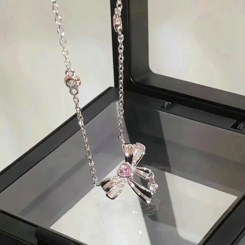 New Y2K Girls Pink Zircon Bow Knot Pendant Necklace Sweet Heart Design Simple Necklace Women Fashion Clavicle Chain Jewelry Gift