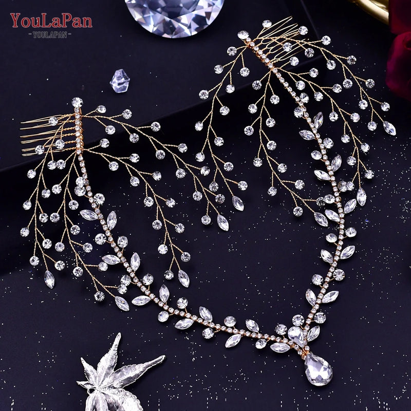 YouLaPan HP466 Forehead Headband with Combs Rhinestone Women Headdress Water Drop Bridal Wedding Hair Ornament Bride Head Chain