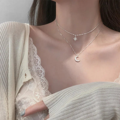 New Fashion Silver Color Double Layer Star Moon Necklace for Women Charm Delicate Zircon Stainless Steel Choker Chain Jewelry