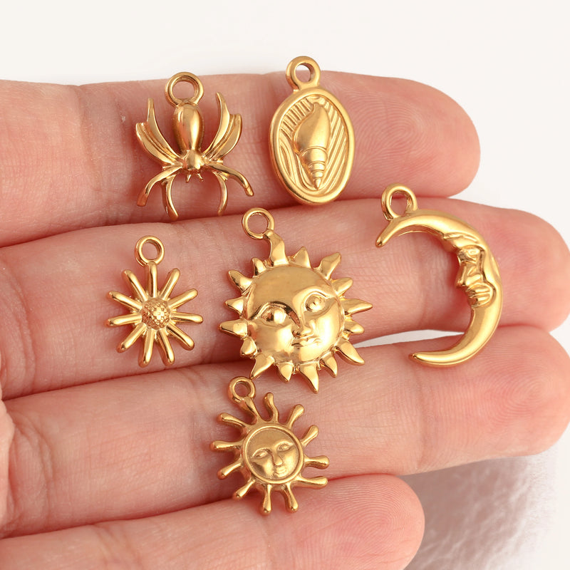 3Pcs Cactus/Cowboy Boots/Spider/Charms DIY Jewelry Making Stainless Steel Face Moon&Sun Necklace Pendants for Earrings Bracelet