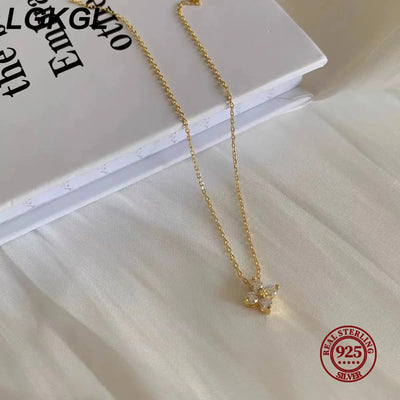 LGKGL S925 Sterling Silver Plated 18K Gold Set Zircon Necklace Female Sparkling Diamond Four Leaf Grass Versatile Collar Chain