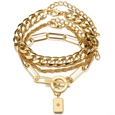 Bohemian Metal Chain Bracelet Set For Women Geometric Gold Color Thick Link Chain Open Bangle Female Fashion Jewelry