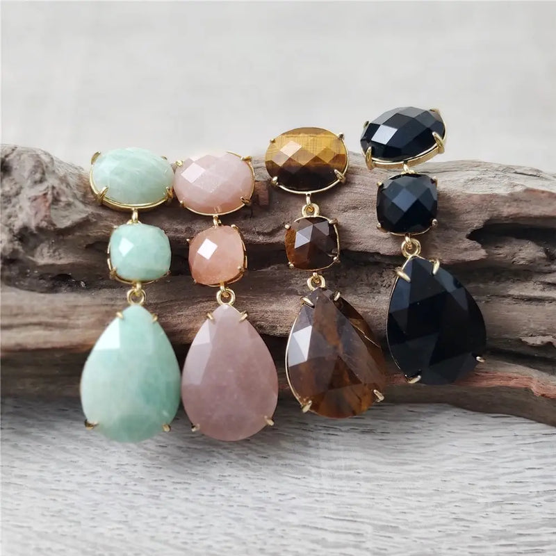 FUWO Wholesale Three Tier Natural Crystal Earrings,Handcrafted Bohemian Style Long Dangle Swing Quartz Jewelry 5Pairs ER476