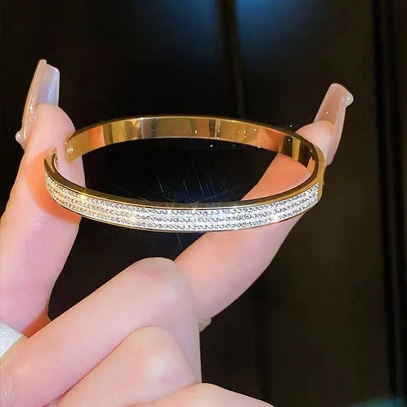 Titanium Steel Gold Plated Bangles Bracelet for Women Girls Gifts Trend Waterproof Jewelry Luxury Sparkling Zircon Open Bangle