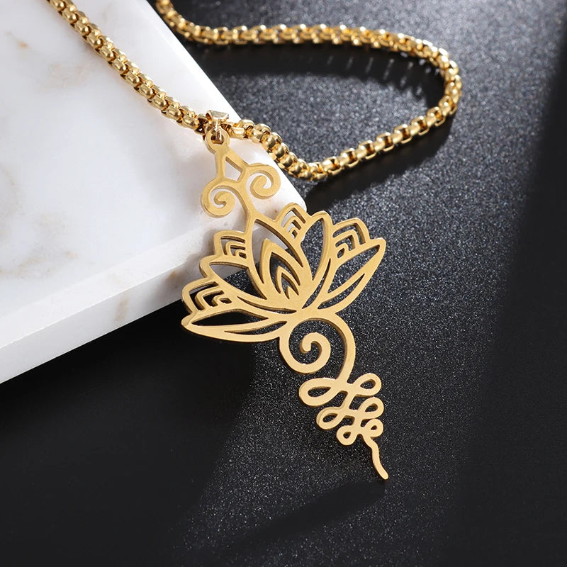 Delicate Lotus Symbol Pendant Necklace Ancient Hindu Yoga Buddhist Gift Unique Geometric Stainless Steel Jewelry for Women Girls