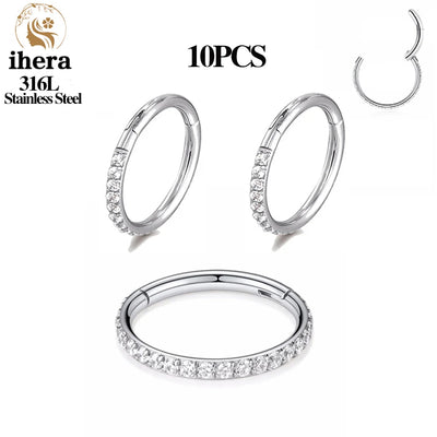 1/10/50PCS Stainless Steel Zircon Hinged Segment Nose Septum Clicker Ring Round Earrings Hoops Ear Tragus Helix Piercing Jewelry