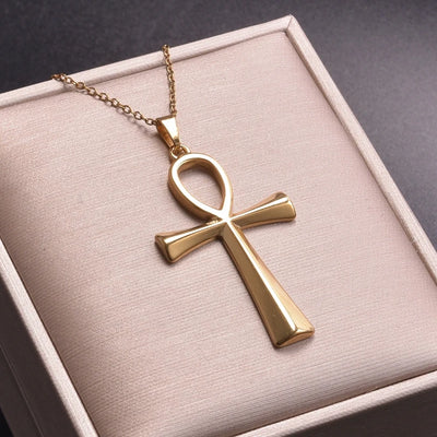 GLOWCAT Ancient Egypt Anke Cross Pendant Necklaces For Women Men Accessories No Fade Simple Stainless Steel Necklace Choker Gift