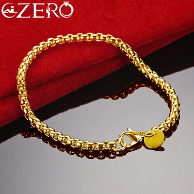 ALIZERO 18K Gold Bracelets 925 Sterling Silver 4mm Round Box Chain Bracelet For Woman Man Fashion Jewelry Wedding Party Gift