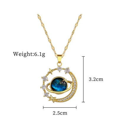 Dainty Blue Planet Necklace Stainless Steel Clavicle Chain Zircon Saturn Space Earth Pendant Necklace Aesthetics Jewelry Collar