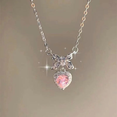 Fashion Pink Planet Heart Zircon Necklace Women Charm Aesthetic Clavicle Chain Necklace Valentines Day Gift Party Jewelry