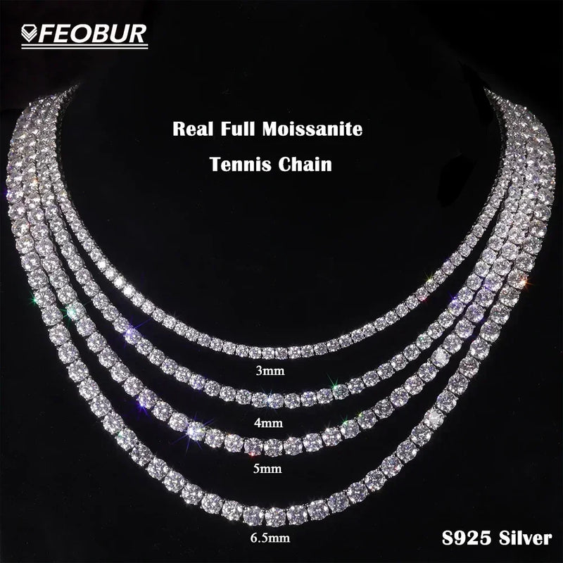 FEOBUR 3/4/5mm Real Moissanite Tennis Necklace for Women Men S925 Silver Full Diamond Neck Chains Party Trendy Jewelry Gift