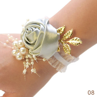 Bridesmaid Faux Rose Bracelet Wedding Wrist Corsage Polyester Ribbon Pearl Bow Bridal Gifts Hand Flowers Party Prom Accessories