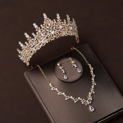 Luxury Silver Color Crystal Water Drop Bridal Jewelry Sets Rhinestone Tiaras Crown Necklace Earrings Wedding Dubai Jewelry Set