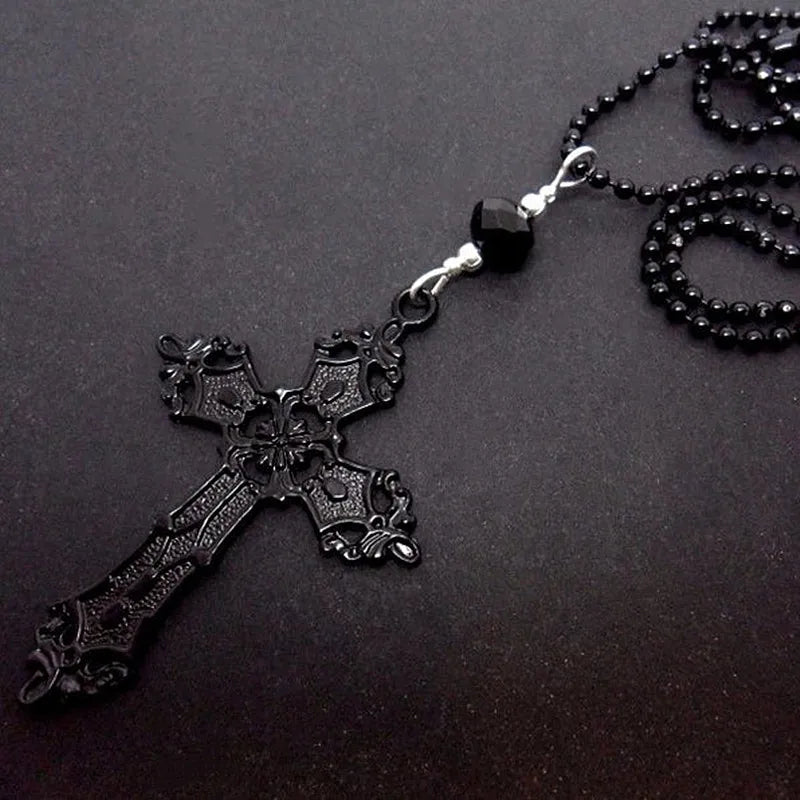 Black cross necklace, Gothic jewelry, Black bead chain, Death carving, Alternative accessories, Women Man, Pagan, Witch, beaded