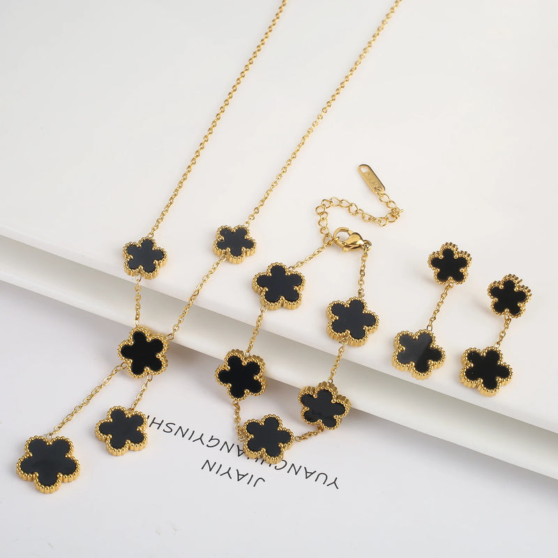 Clover Five Leaf  Flower Stainless Steel Bracelet Necklace Earrings Jewelry Set Luxury for Women High Quality Party Jewelry Gift