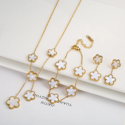 Gold Plated Lucky Stainless Steel Five Leaf Flower 3PCS Jewelry Set Bracelet Necklace Earrings for Women Party Jewelry Clover