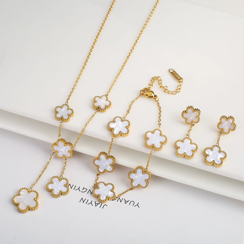 Gold Plated Lucky Stainless Steel Five Leaf Flower 3PCS Jewelry Set Bracelet Necklace Earrings for Women Party Jewelry Clover