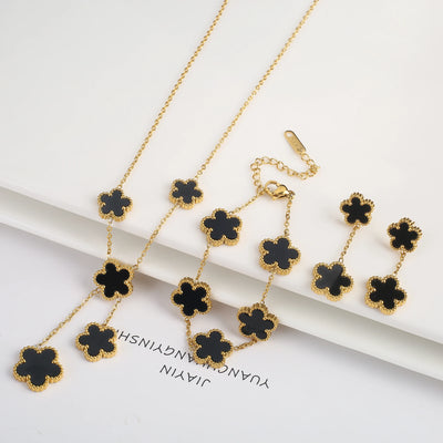 Gold Plated Lucky Stainless Steel Five Leaf Flower 3PCS Jewelry Set Bracelet Necklace Earrings for Women Party Jewelry Clover