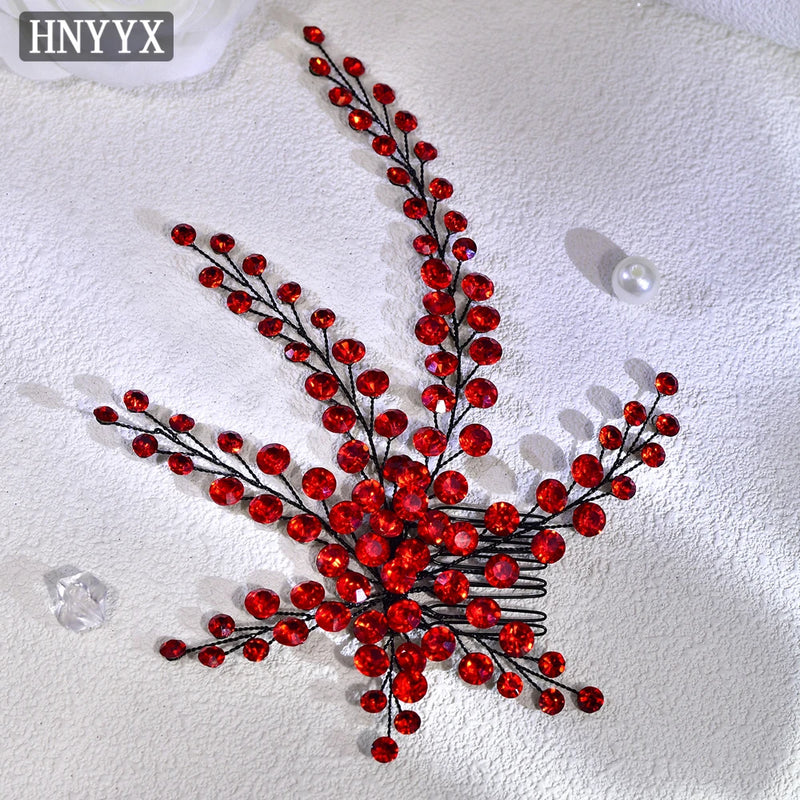 HNYYX Bridal Wedding Hair Accessories Red Rhinestone Headpieces Leaf Shaped Hair Vine Ladies Girls Holiday Tiara Gift A225