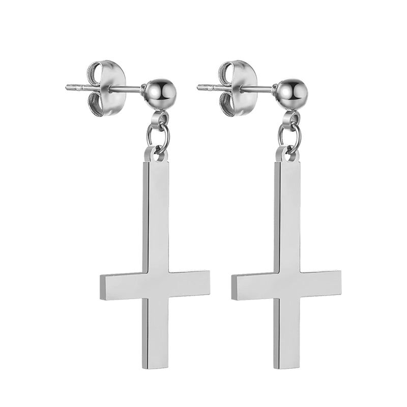 BONISKISS Men Women Stainless Steel Inverted Upside Down Cross Earring Church of Satan Temple Occult Satanic Witchy Stud Jewelry