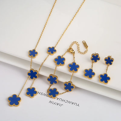 Gold Plated Lucky Stainless Steel Five Leaf Flower 3PCS Jewelry Set Bracelet Necklace Earrings for Women Party Jewelry Clover