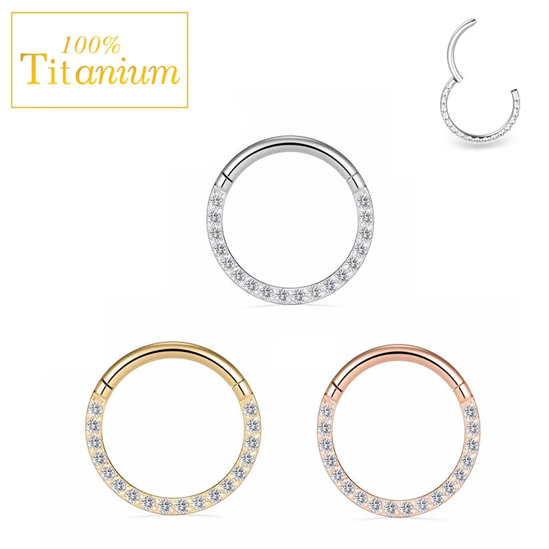 G23 Titanium Cubic Zirconia Nose Rings Cilcker Conch Helix Cartilage Piercing Earrings 6/7/8/9/10/11/12/14mm Hinged Segment Hoop