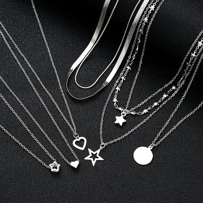 9 Pcs Simple Choker Necklaces for Women Fashion Love Heart Star Pendant Layered Necklace Jewelry Gift European and American 2024