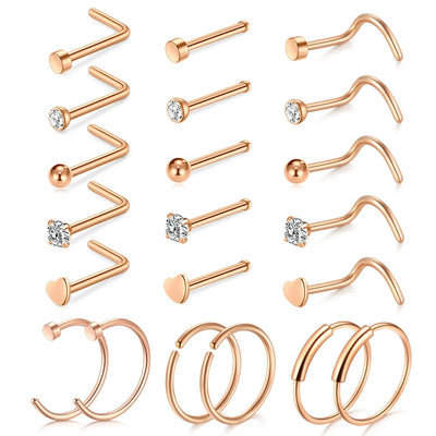 5/6/21Pcs 20G Nose Studs Stainless Steel Nostril Studs Screws Nose Ring Hoop Body Piercing Silver Gold Color Heart Nose Studs