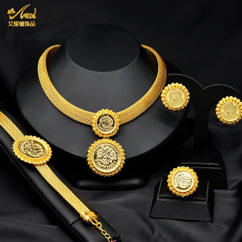 ANIID African Gold Color Jewelry Set For Women Indian Choker Necklace Earring Nigerian 24K Gold Plated Jewellery Dubai Wedding