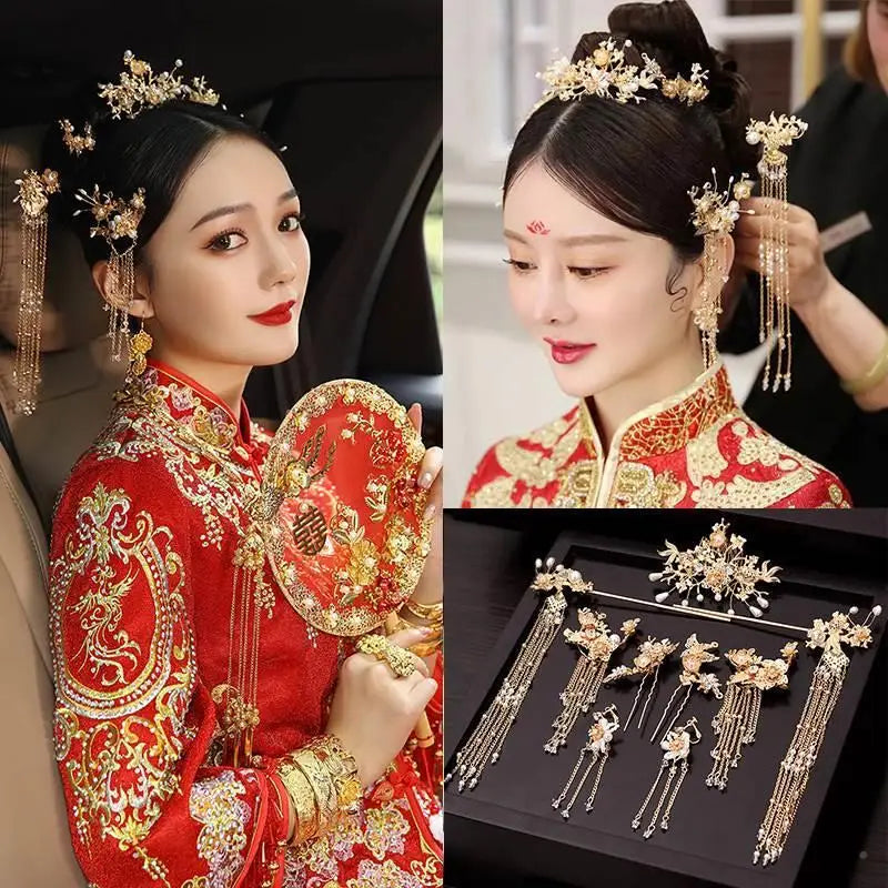 Chinese Wedding Dress Headwear Hanfu Ancient Headdress Xiuhe Style Ethnic Golden Tassel Hair Accessories Jewelry