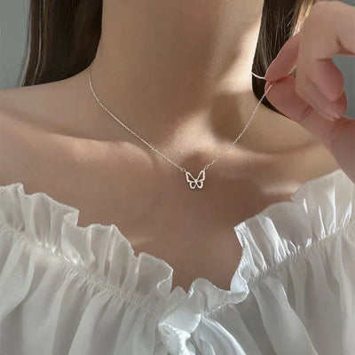 Silver Color Shiny Butterfly Necklace Female Exquisite Double Layer Pendant Clavicle Chain Necklace Wedding Party Jewelry Gifts