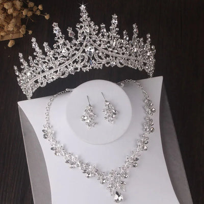 Luxury Silver Color Crystal Water Drop Bridal Jewelry Sets Rhinestone Tiaras Crown Necklace Earrings Wedding Dubai Jewelry Set