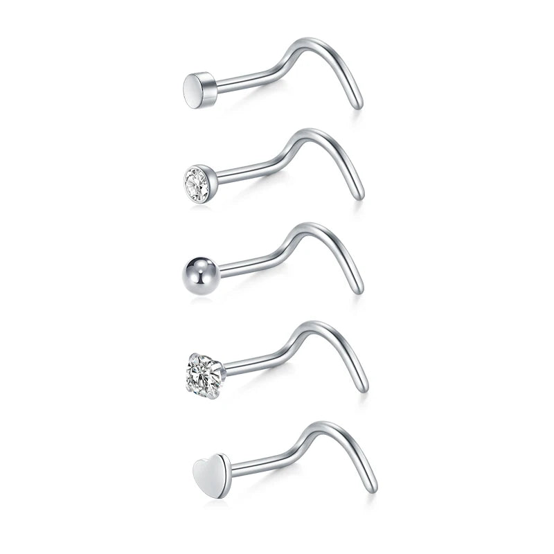 5/6/21Pcs 20G Nose Studs Stainless Steel Nostril Studs Screws Nose Ring Hoop Body Piercing Silver Gold Color Heart Nose Studs