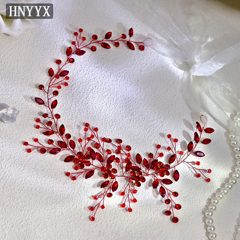 HNYYX Bridal Wedding Hair Accessories Red Rhinestone Headpieces Leaf Shaped Hair Vine Ladies Girls Holiday Tiara Gift A225