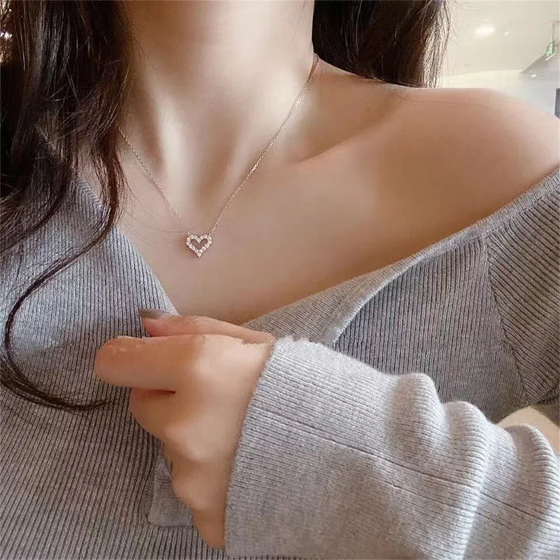 SUMENG 2024 New Korean Heart Shaped Zircon Necklace Pendant Temperament Clavicle Chain for Women Birthday Party Jewelry Gifts