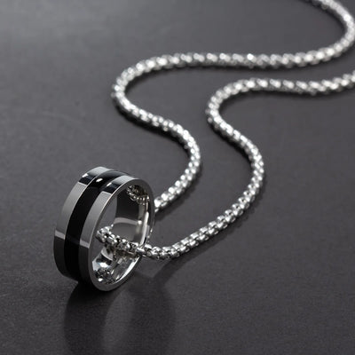 1pc Stainless Steel  Rings Pendant Necklace, Long Sweater Chain, Punk Hip Hop Jewelry Accessories For Boys