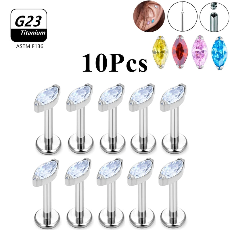 Wholesale Lot10PCS G23 Titanium Internally Threaded Push Pin Body Piercing Jewelry Nose Ring Earrings Stud CZ Ear Helix Pierc