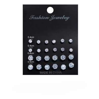 Six Claw Crystal Zircon Earrings Inlaid with Colorful Diamonds, Fashionable 12 Pair Combination Card Earrings