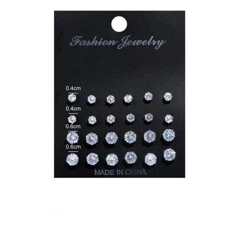 Six Claw Crystal Zircon Earrings Inlaid with Colorful Diamonds, Fashionable 12 Pair Combination Card Earrings