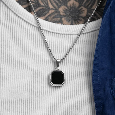 Casual Black Enamel Necklaces for Men,Waterproof Stainless Steel Square Pendant Necklace,Simple Fashion Male Collar Jewelry Gift