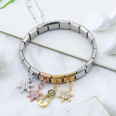 Hapiship Fashion Key Paper Clip Star Snowflake Shiny CZ Charm Links Fit 9mm Stainless Steel Bracelet DIY Making Jewelry DJ441