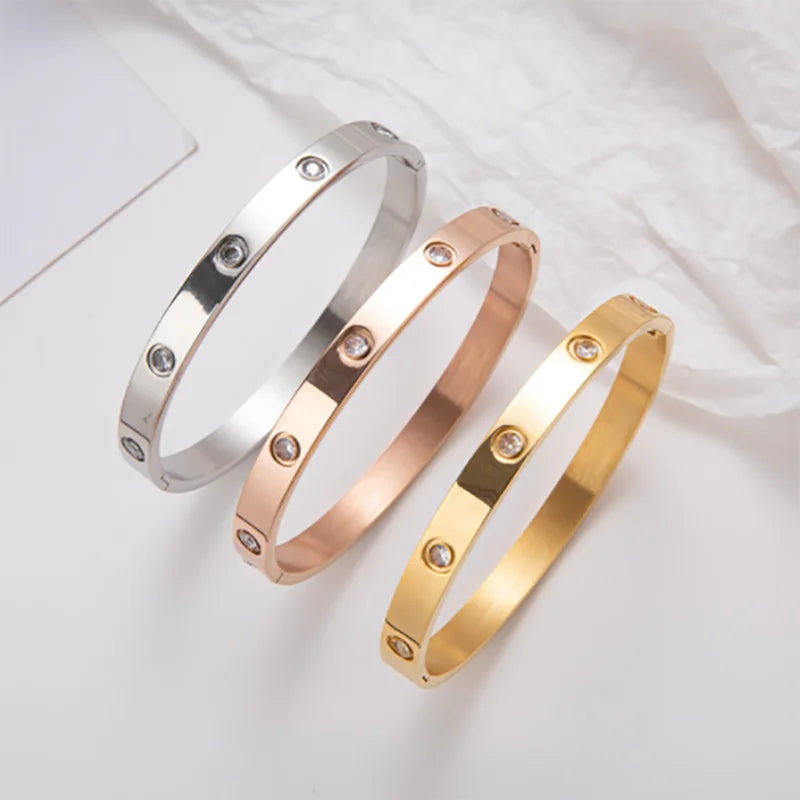 Stainless Steel Women Bangles Gold Plated Bangles For Women Bracelets On Hand Fashion Jewelry Designer Titanium Steel Rhinestone